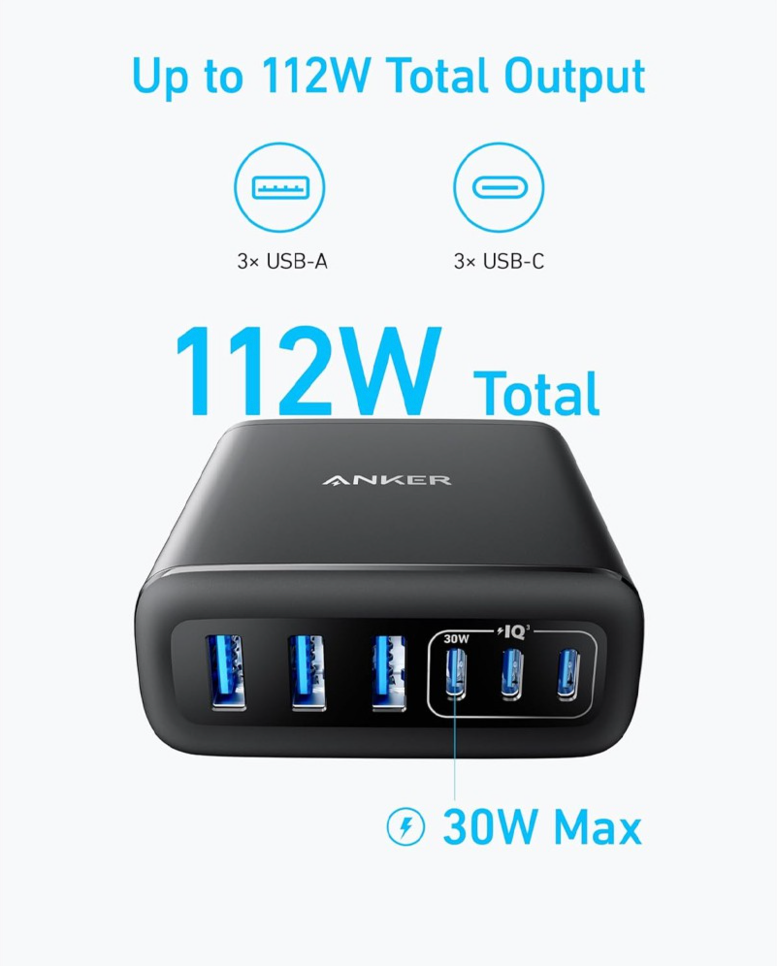 112W Fast Charger with USB-C Ports, Multi-Device Power anker 3 usb 3 usb c ports