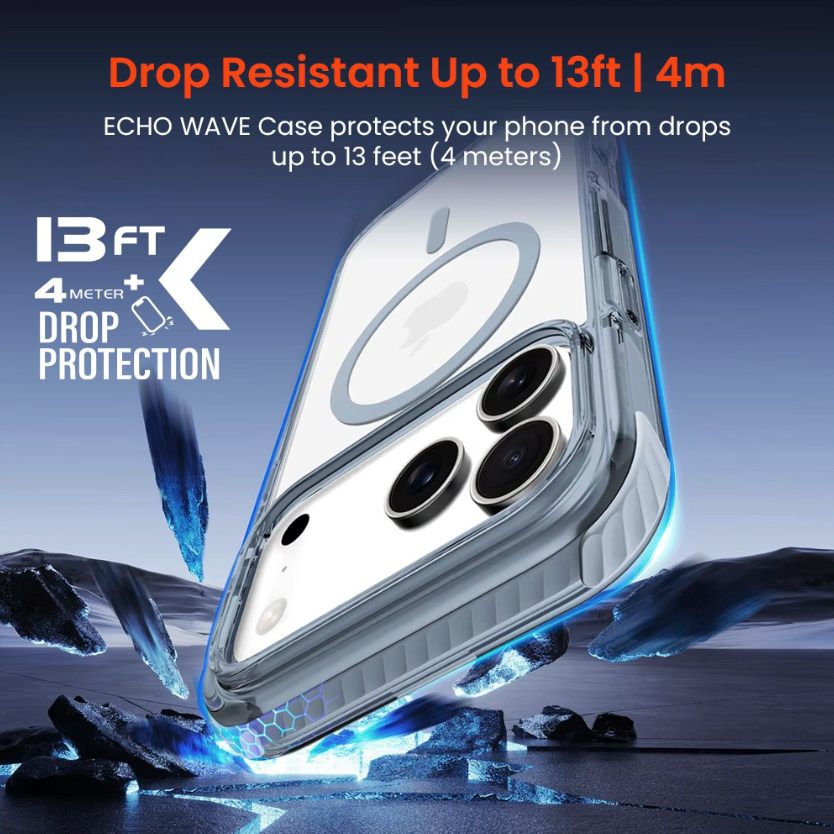 REDEFINE clear iPhone 15 16 17 MagSafe case with reinforced corners and 13ft drop protection echo wave